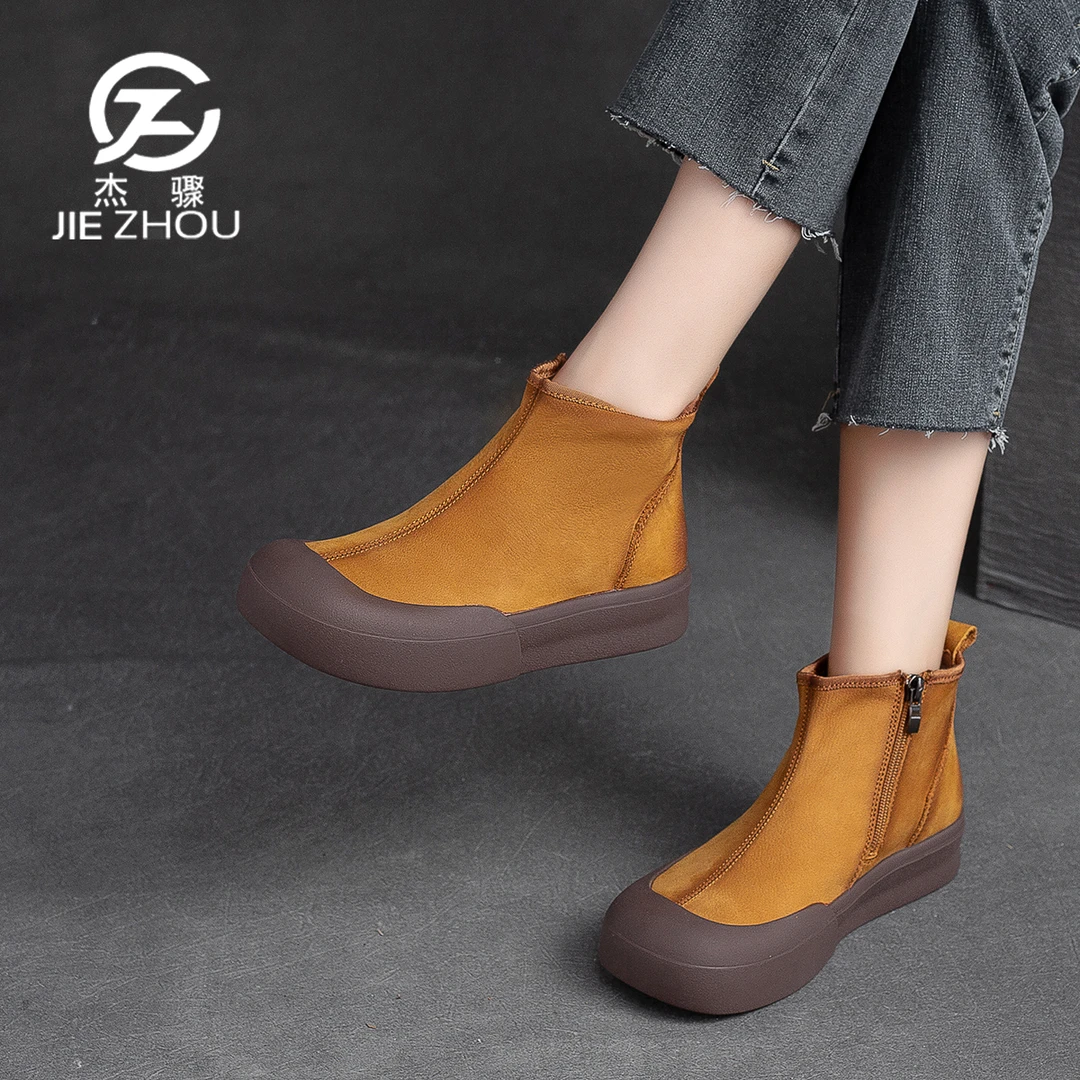 杰骤复古真皮方头短靴女春秋单靴平底高帮休闲鞋头层牛皮女鞋1863