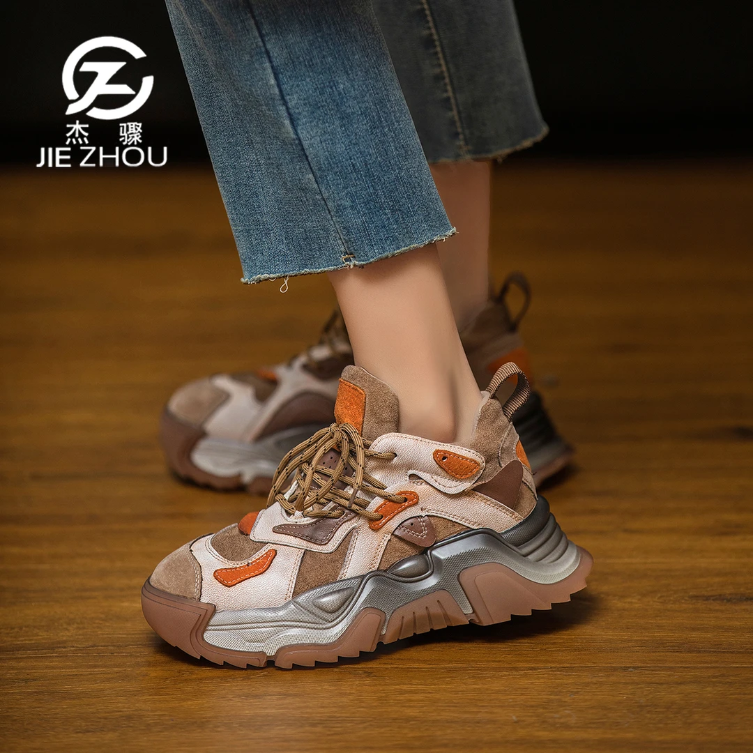 杰骤春秋新款真皮厚底轻便老爹鞋复古时尚松糕运动休闲女鞋9006-5