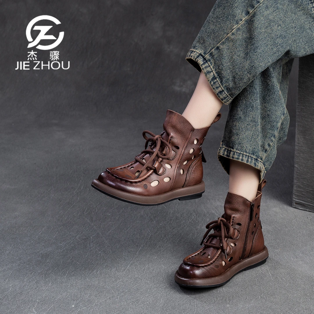 杰骤夏季真皮软底镂空短靴头层牛皮薄款靴子时尚百搭洞洞女士凉靴