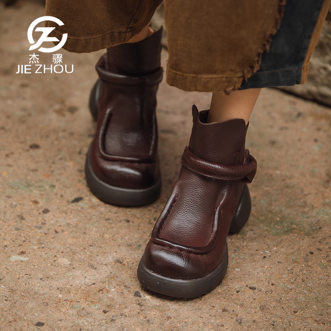 杰骤秋冬牛皮厚底粗跟复古短靴女真皮复古圆头马丁靴原创高端单靴