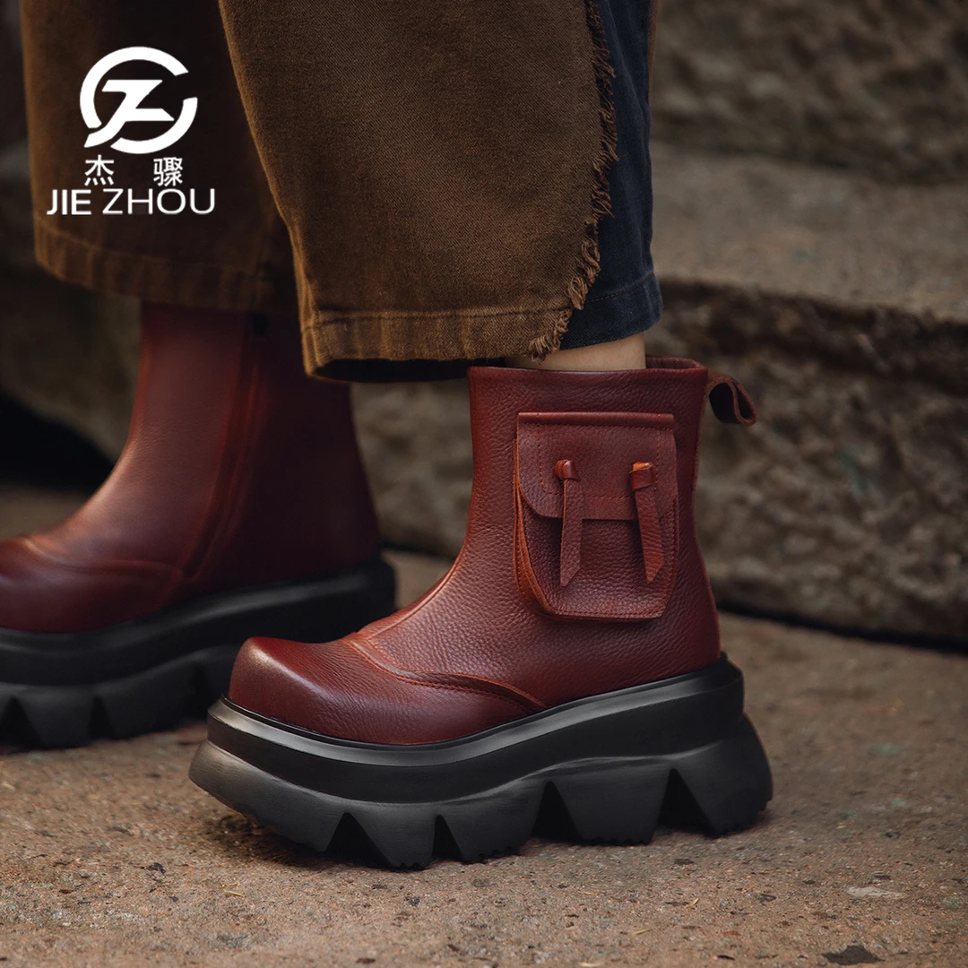 杰骤春秋款原创复古短靴子女松糕厚底英伦风马丁靴设计感高帮女鞋