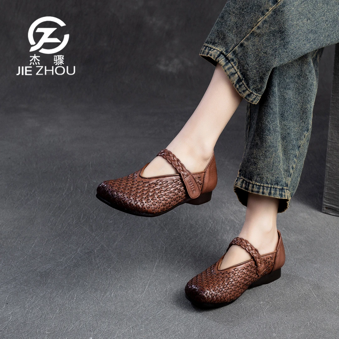 杰骤夏季真皮软底舒适不累脚包头凉鞋女外穿复古罗马编织妈妈女鞋