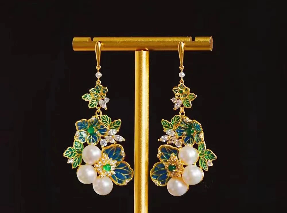 925银珐琅耳饰 [花团锦簇]s925银镶嵌手工绿色珐琅耳坠耳环耳钩