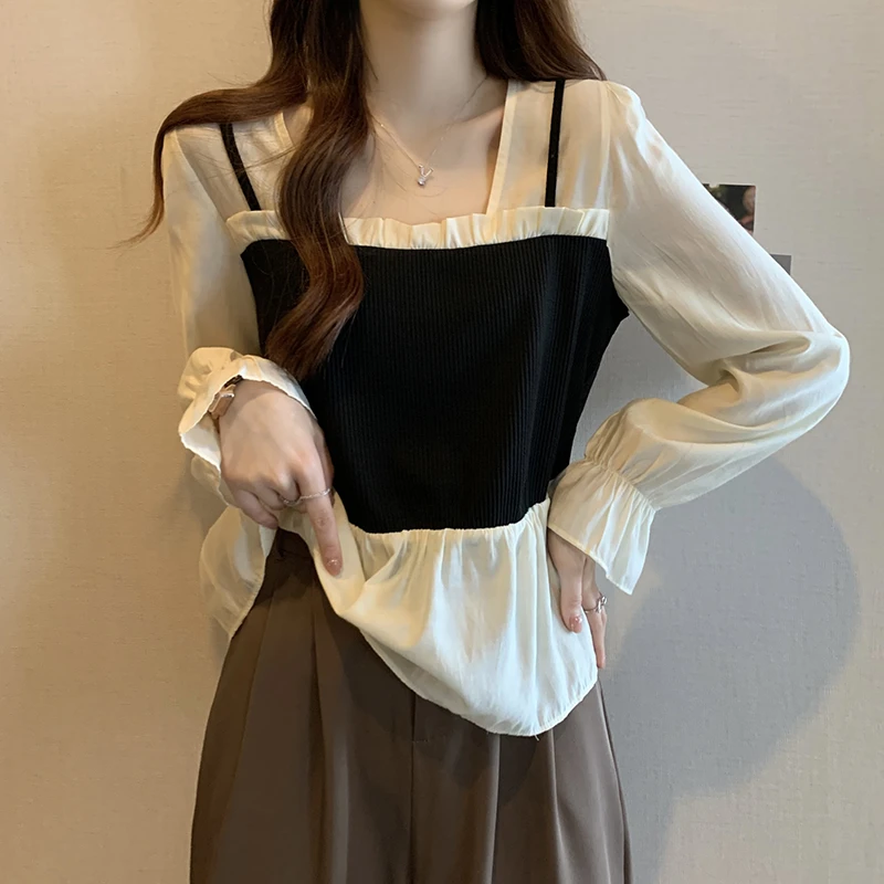 2023秋季女大码新款胖mm时尚百搭减龄显瘦长袖衬衣拼接洋气小衬衫