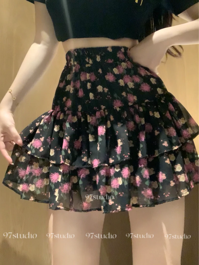 胖mm大码女装碎花短裙新款A字蓬蓬裙时尚高腰防走光裙子夏季黑色