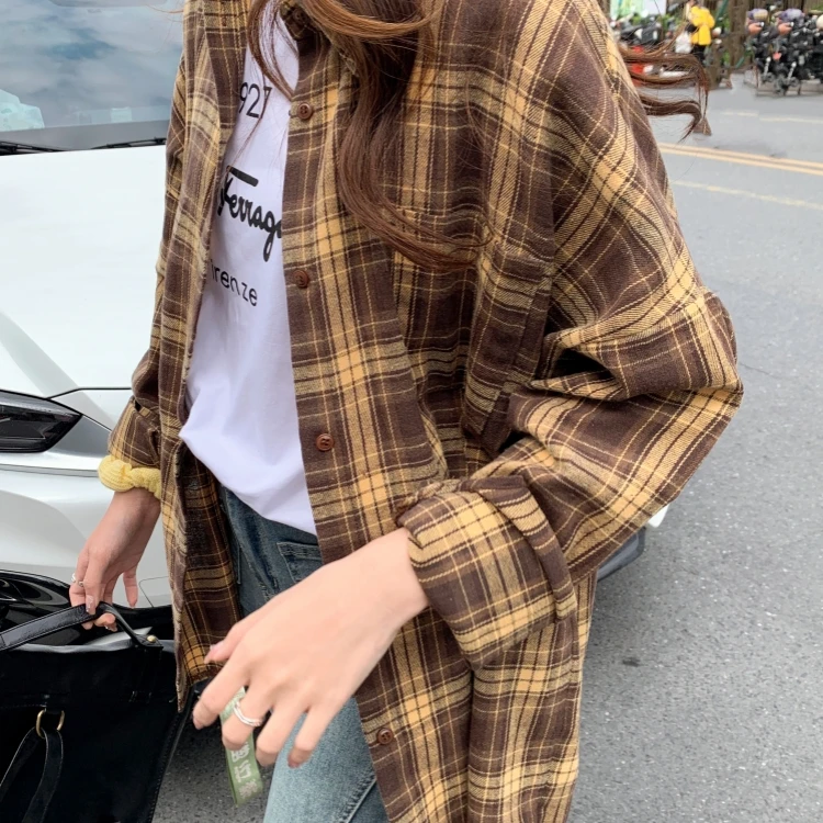 2024新款胖MM慵懒风Polo领美式复古宽松百搭长袖格子衬衫女外套