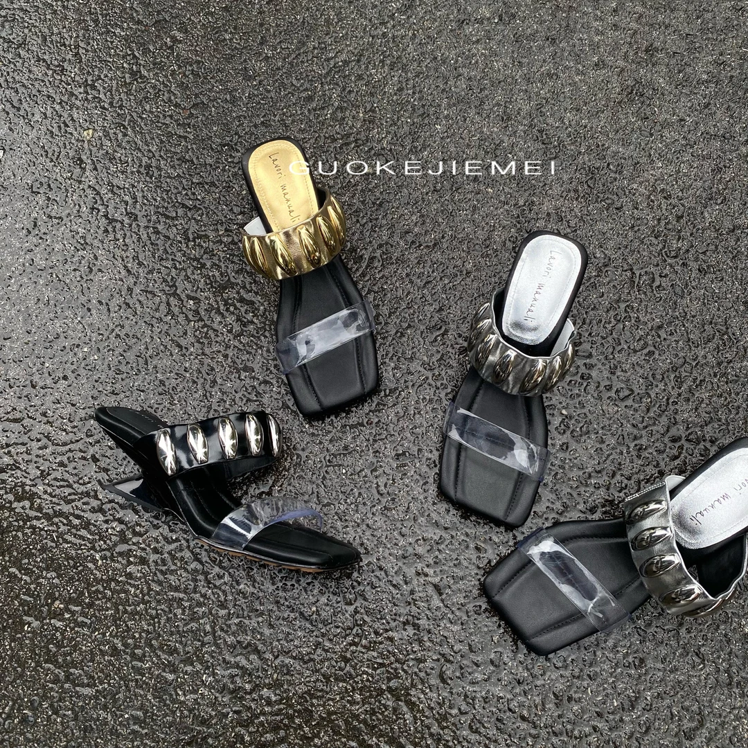 【Jellykk】5.5cm欧美金属扣方头软底百搭夏季设计师款时装一字拖