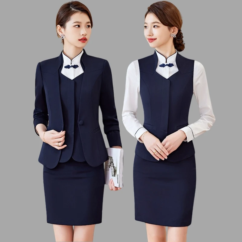 酒店前台接待工作装高端中式餐饮饭店服务员工作服职业马甲套装女