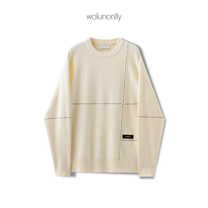 高级感拼接圆领针织衫男2024秋冬季加厚韩版打底毛衣日系卫衣男