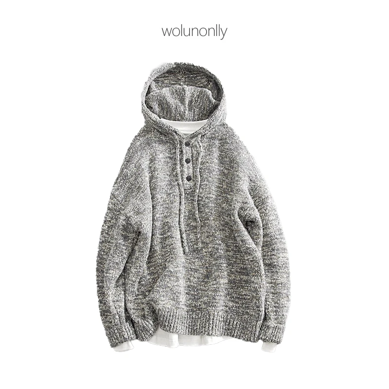 冬季订制老钱复古vintage杂色颗粒感连帽宽松毛衣针织衫毛衣男