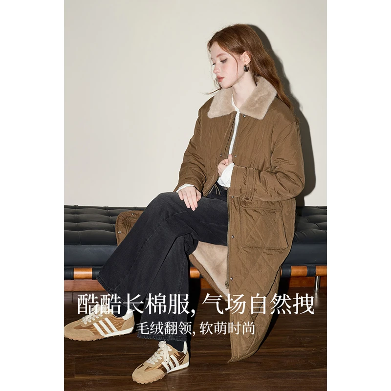 库恩玛维韩版简约大方纯色棉服女装2024年冬季新款中长款通勤外套