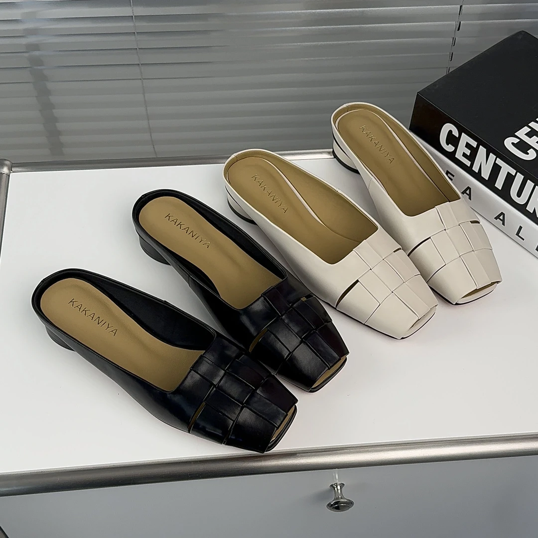 【里外真皮】网红时尚夏季编织拖鞋女2024新款法式低跟中跟鱼嘴凉拖