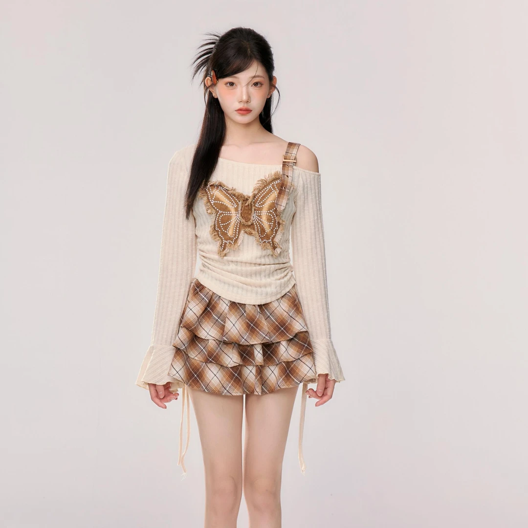 豆乳千层 织物猪原创 美式甜辣不规则美拉德系蝴蝶上衣废土风短裙