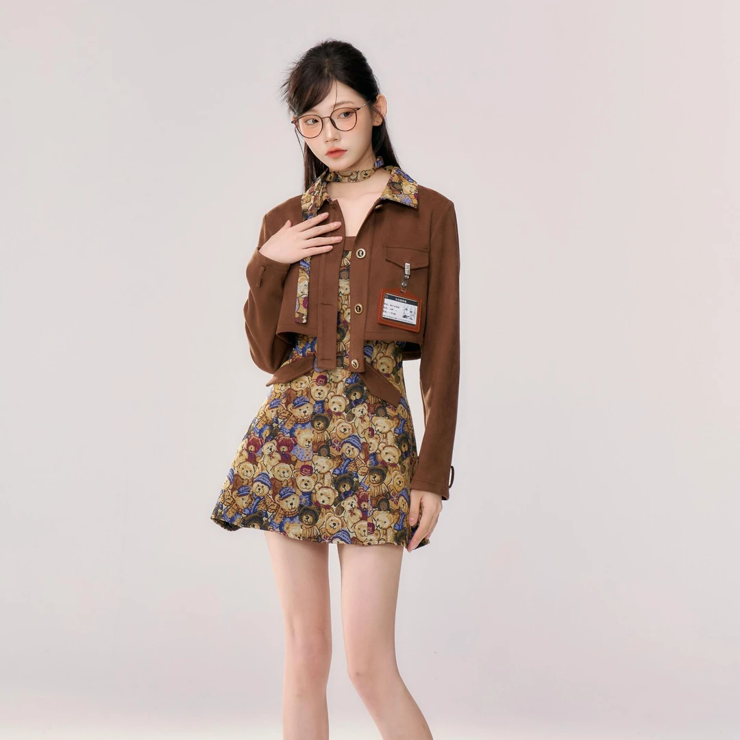 小熊焦糖 织物猪原创 早秋美式复古学院风短款外套收腰显瘦连衣裙