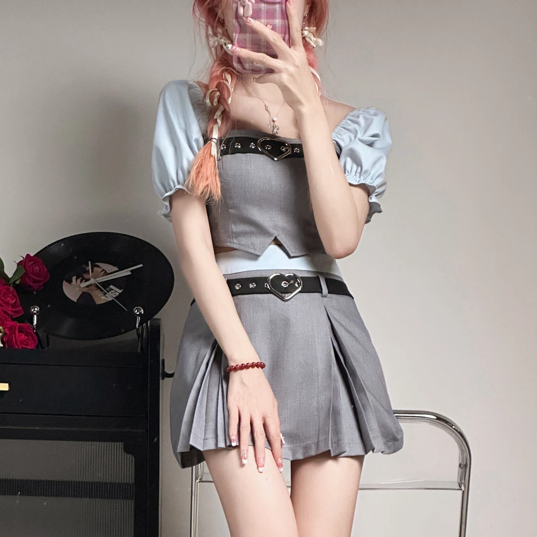 格兰德少女 织物猪原创 美式学院风收腰露腰撞色显瘦纯欲风JK制服