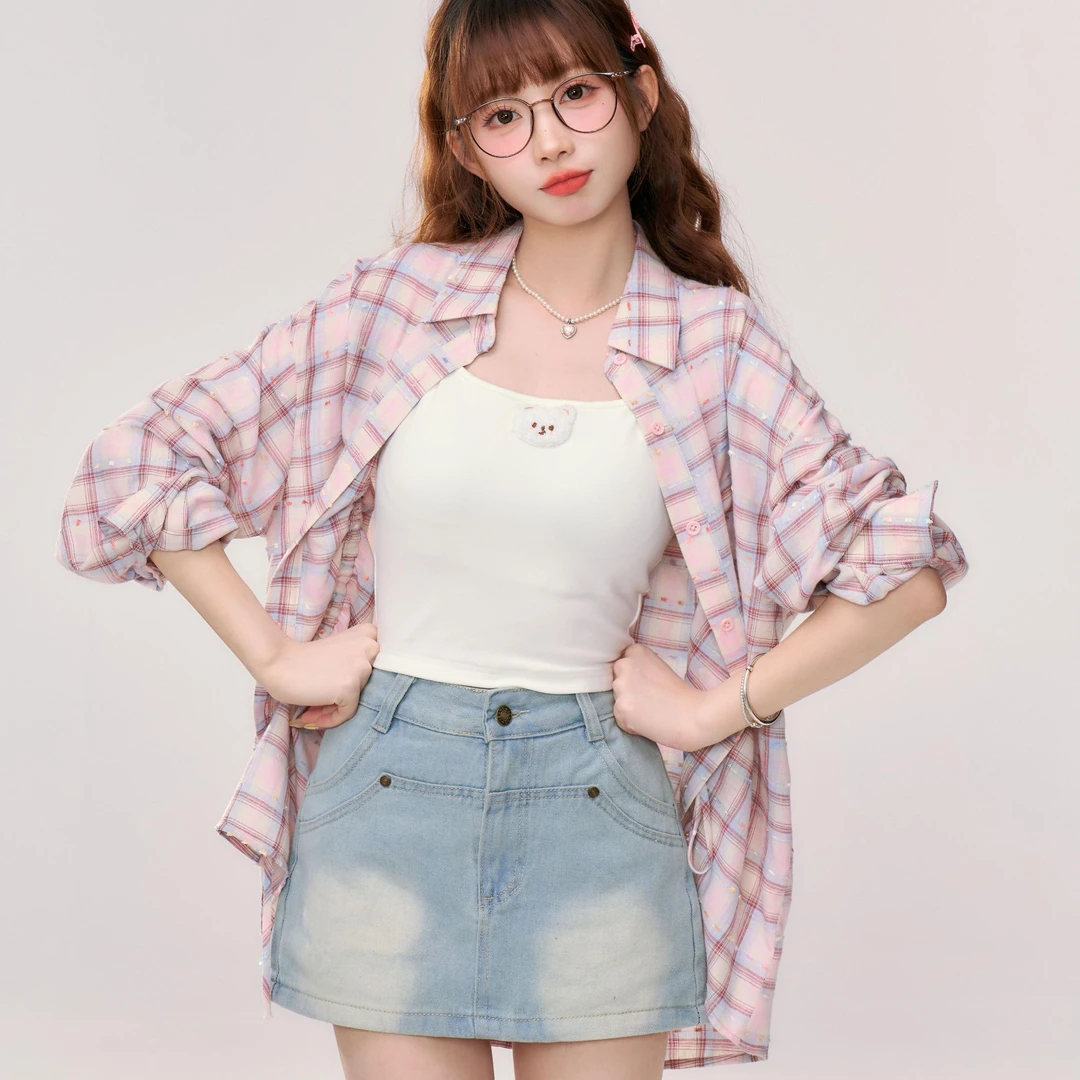 糖果兰兰织物猪原创甜美粉格子衬衫学院风慵懒感短款吊带牛仔裙