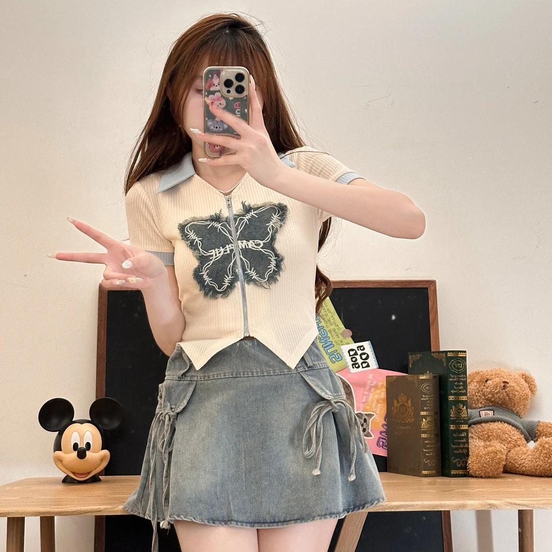 汐浪乐章 织物猪原创 牛仔短裙套装女小个子夏季蝴蝶上衣半身裙