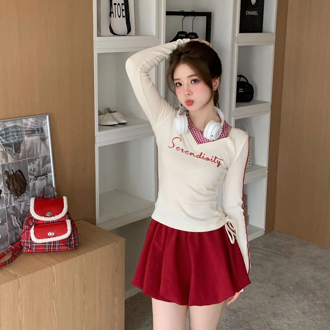 轻氧云朵 织物猪原创 美式挂脖假两件长袖抽绳设计感上衣甜美半裙