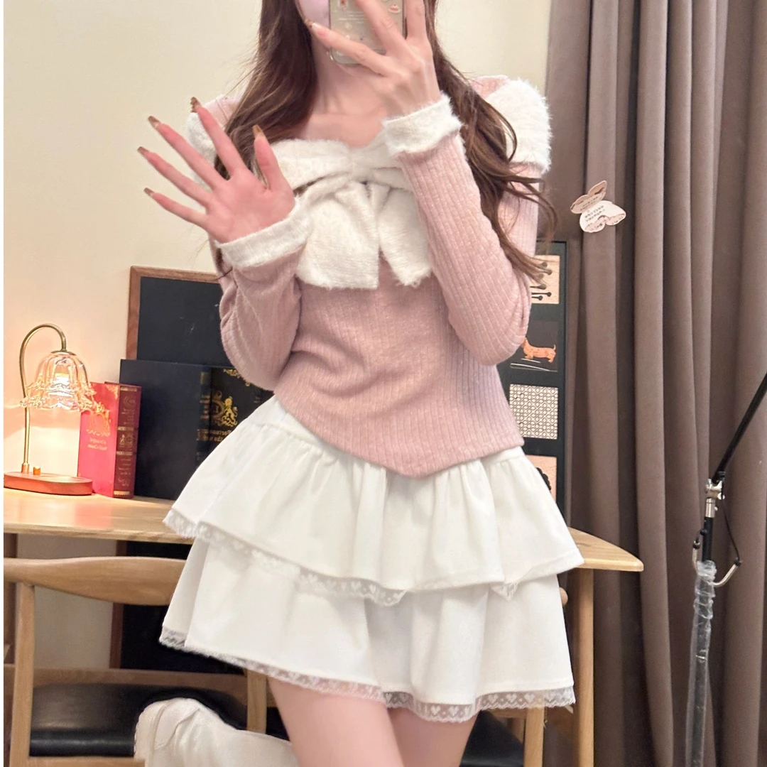 欲奶甜茶 织物猪原创 纯欲甜美一字肩蝴蝶结秋冬针织衫蛋糕裙
