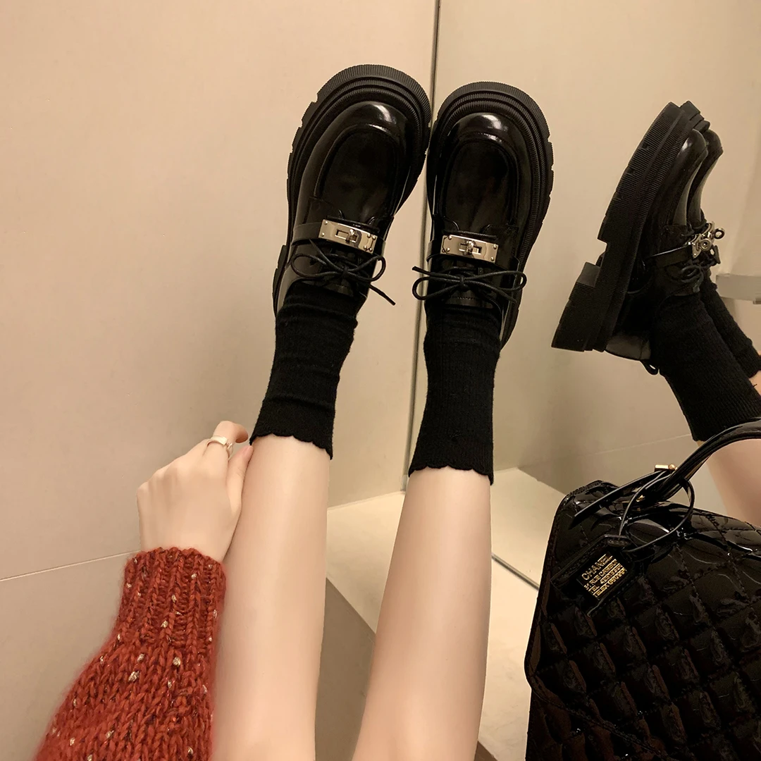 牛皮版韩国厚底懒人乐福鞋女秋冬新款真皮小皮鞋英伦风内增高单鞋