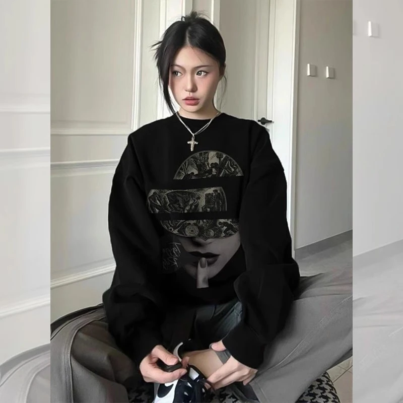 美式宽松慵懒风卫衣女秋冬2025新款爆款上衣黑色圆领长袖加绒高街