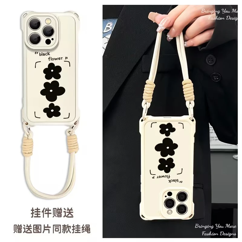 适用于苹果16华为OPPO小米VIVO高级感潮流四角挂绳手机壳YA0016