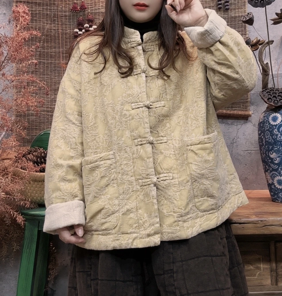 （美子）复古炒色做旧提花双层亚麻夹棉盘扣外套上衣（衣长65胸围140