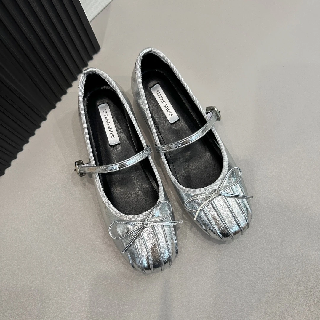 银色单鞋女增高小个子褶皱蝴蝶结显瘦芭蕾鞋女真皮气质法式平底鞋