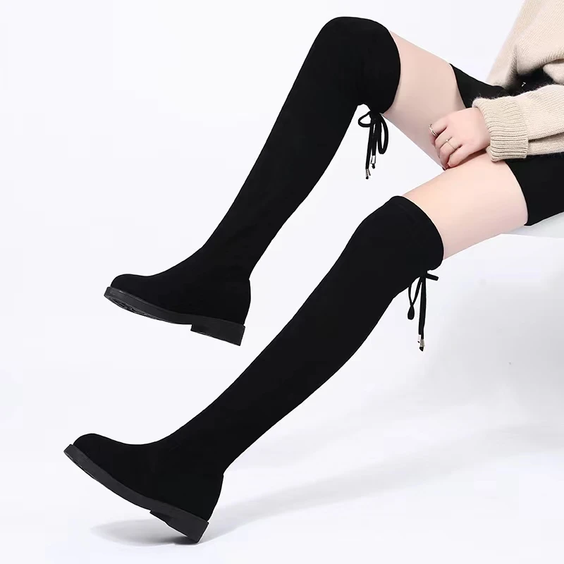 长筒靴女2022新款冬季加绒过膝靴绒面平底弹力靴高筒靴显瘦长靴子