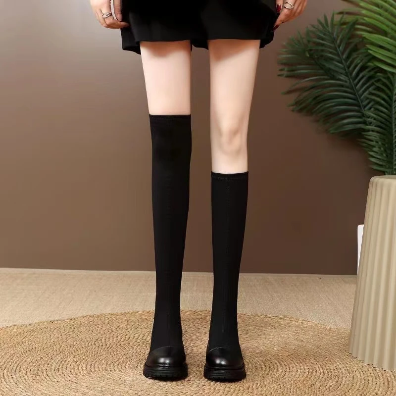 厚底弹力袜靴女长靴2023秋冬不过膝长筒瘦瘦靴时尚百搭高筒骑士靴