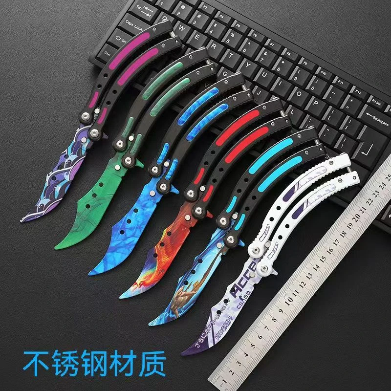 户外CSGO蝴蝶刀不锈钢练习折叠刀减压训练游戏刀花式把玩不开刃