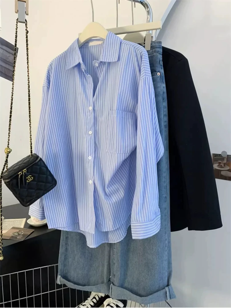 蓝色条纹衬衫夏季2024新款女装设计感小众长袖POLO领叠穿衬衣外套