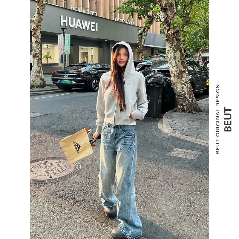 BEAUTGET柠檬树来了美式街头400G短款开衫连帽卫衣女ins潮流帽衫