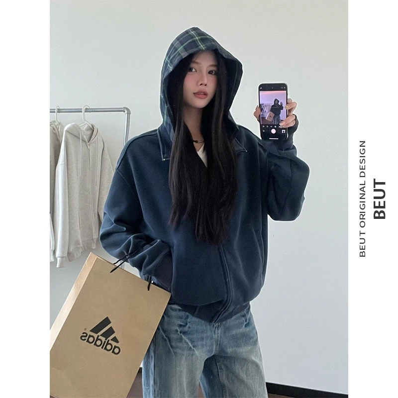 柠檬树来了 美式假两件格子拼接连帽开衫卫衣男女短款潮流外套