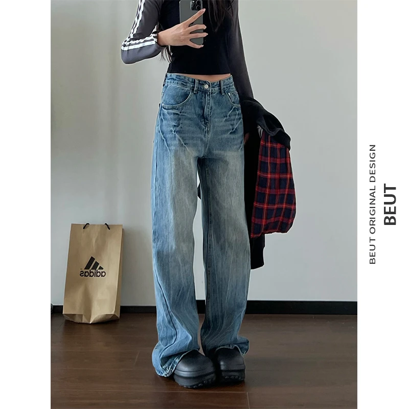 柠檬树来了 美式复古微喇水洗牛仔裤女生ins潮流宽松阔腿牛仔裤