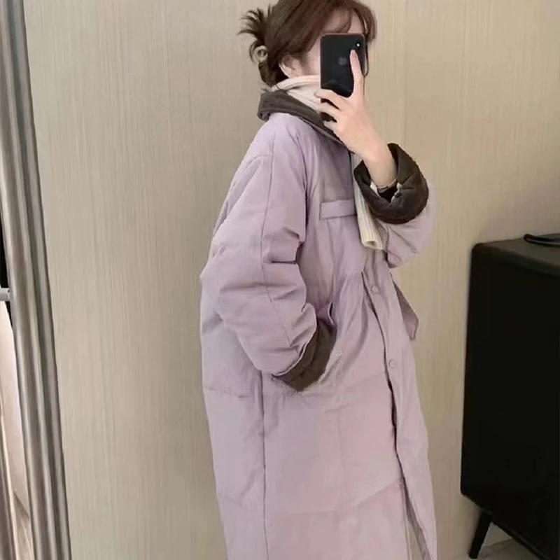 冬季长款灯芯绒翻领羽绒服2024新款时尚韩版休闲简约长袖保暖外套