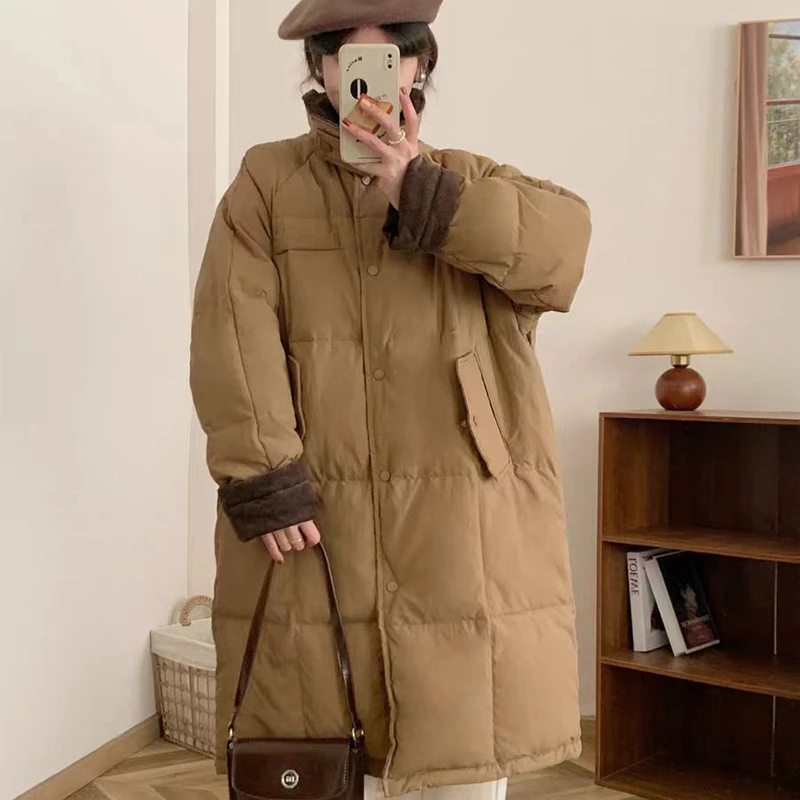 冬季长款加厚大翻领女士羽绒服2024新款休闲简约韩版时尚长袖外套