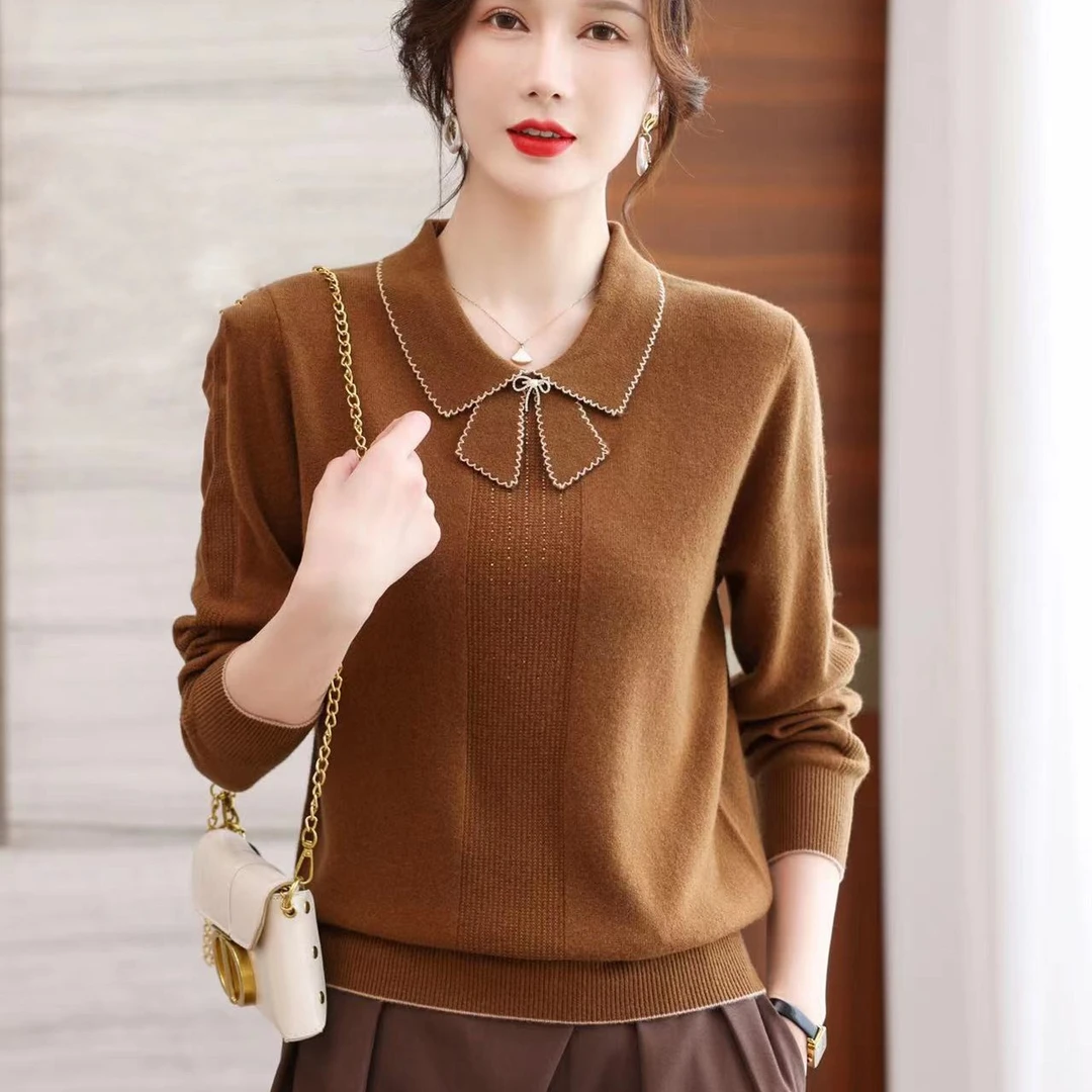 濮院毛衫蝴蝶结翻领毛衣娃娃领上衣女针织打底衫内搭秋冬羊毛衫