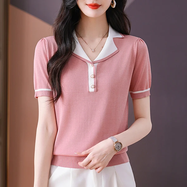 洋气翻领短袖套头显瘦百搭2024年薄款高档上衣女宽松针织衫妈妈装