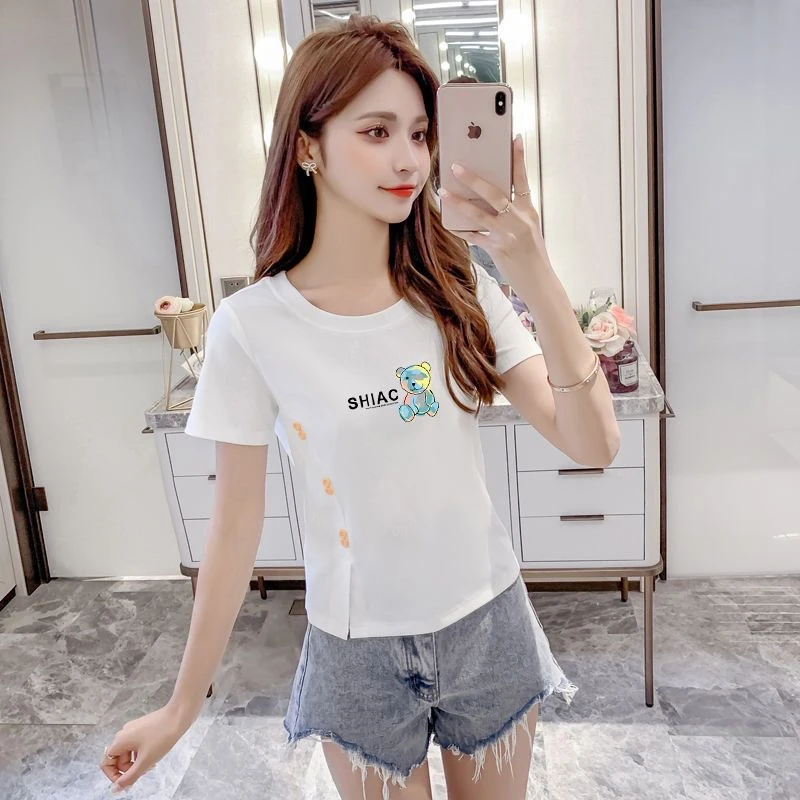 95%纯棉圆领不对称纽扣短袖T恤夏季新款开叉修身时尚简约上衣女潮