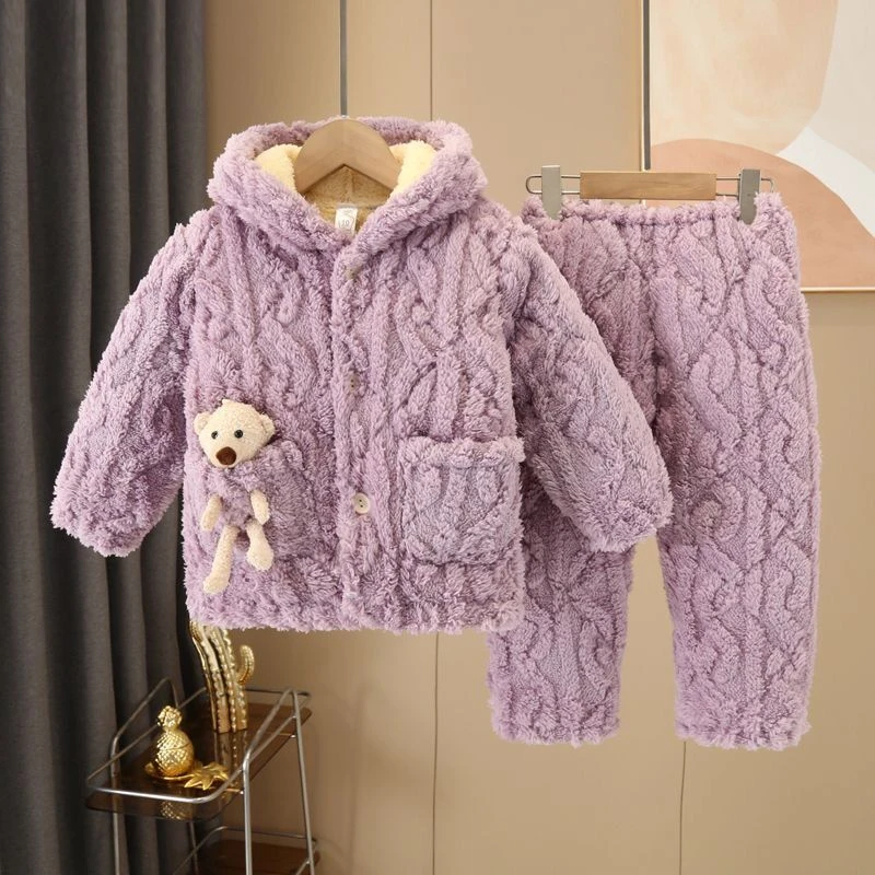 儿童秋冬款珊瑚绒加厚睡衣男童女宝连帽三层夹棉家居服冬天加绒