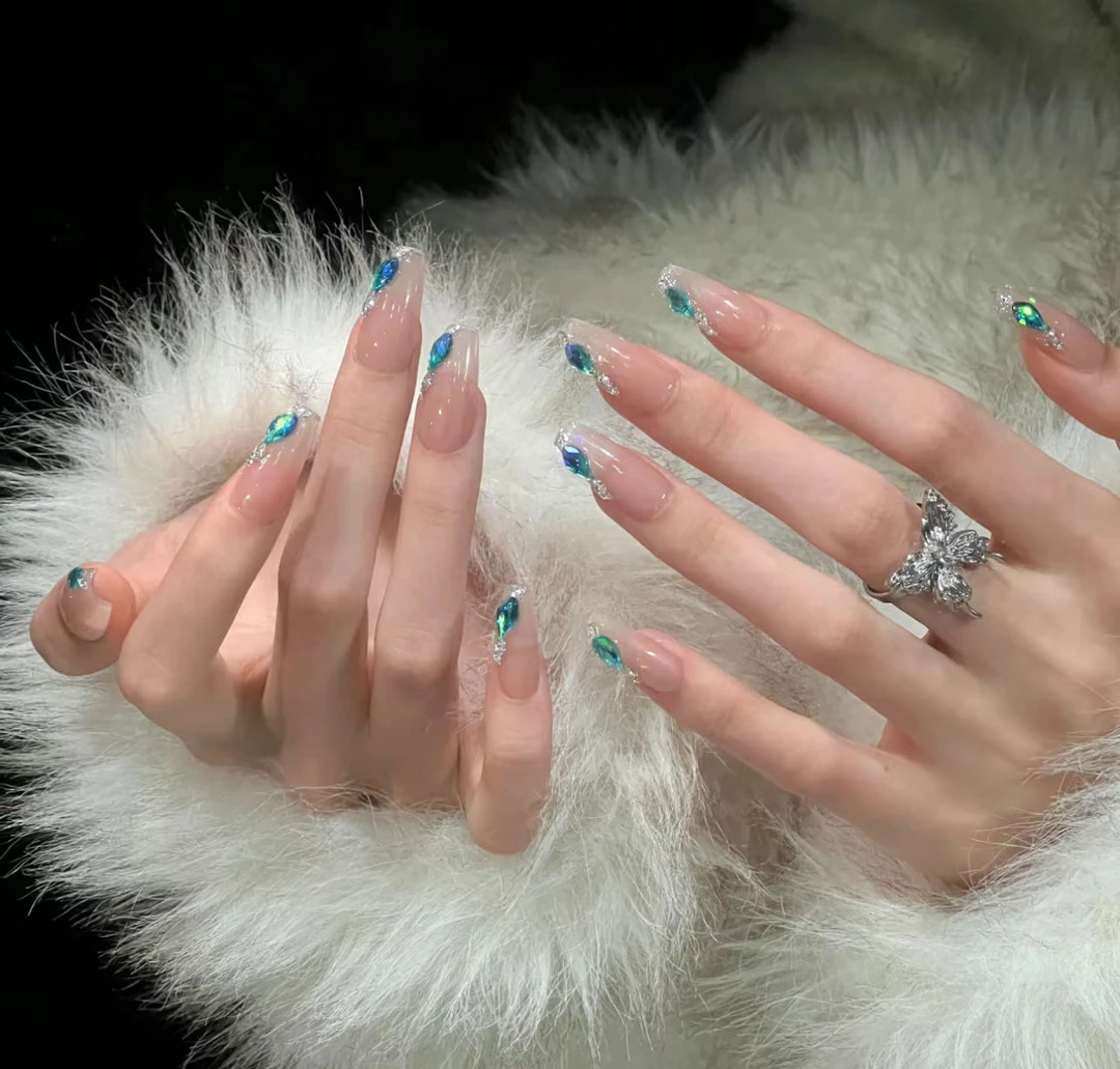 【冰肌美人】孔雀绿冰透裸色穿戴甲简约气质带钻美甲贴长款纯欲设计