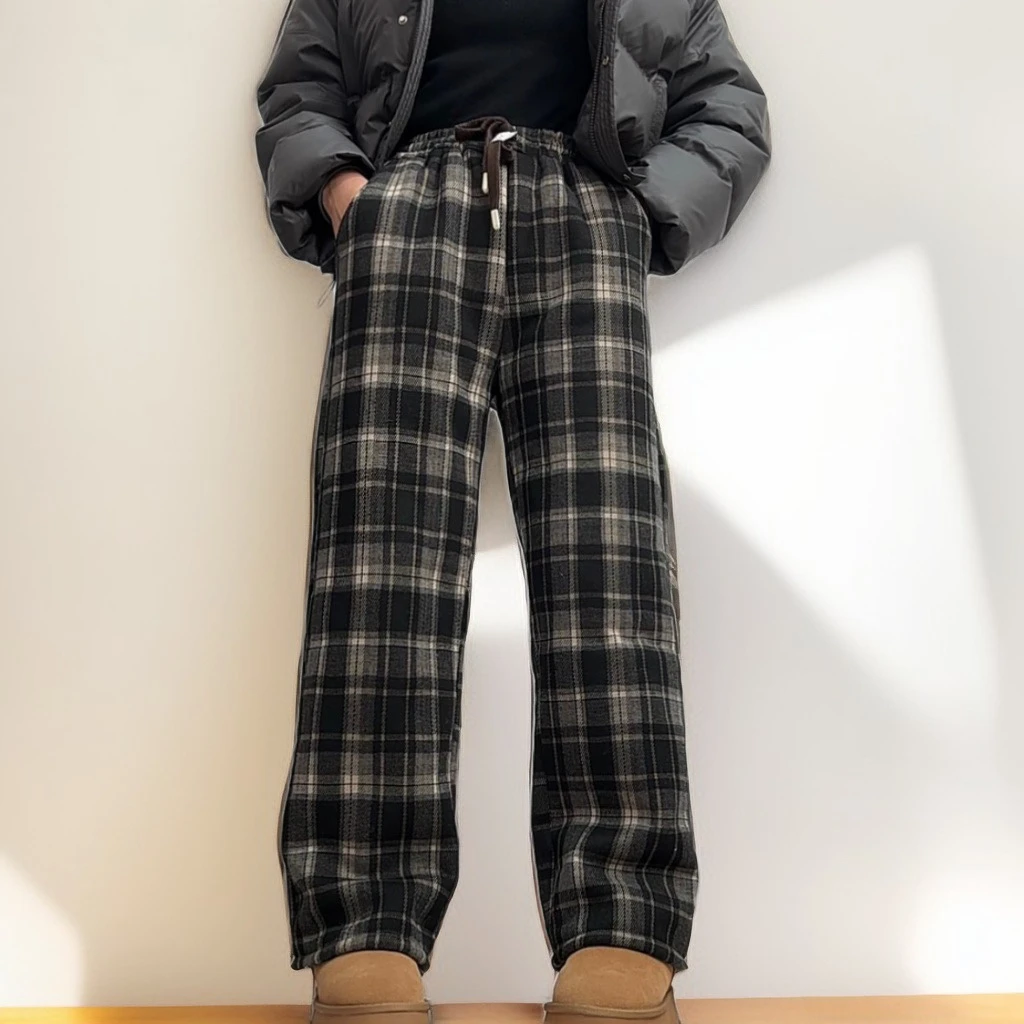 一条过冬格子裤仿兔毛女冬季2024新款加厚休闲百搭直筒复古阔腿裤