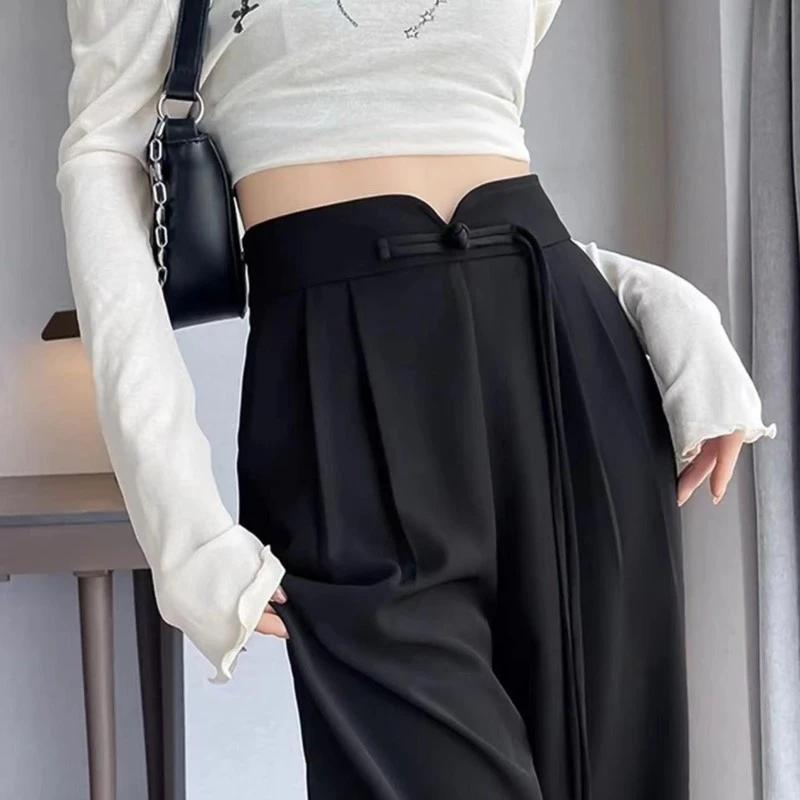 柠檬茶新中式高级感垂感系带盘扣花苞高腰阔腿裤258