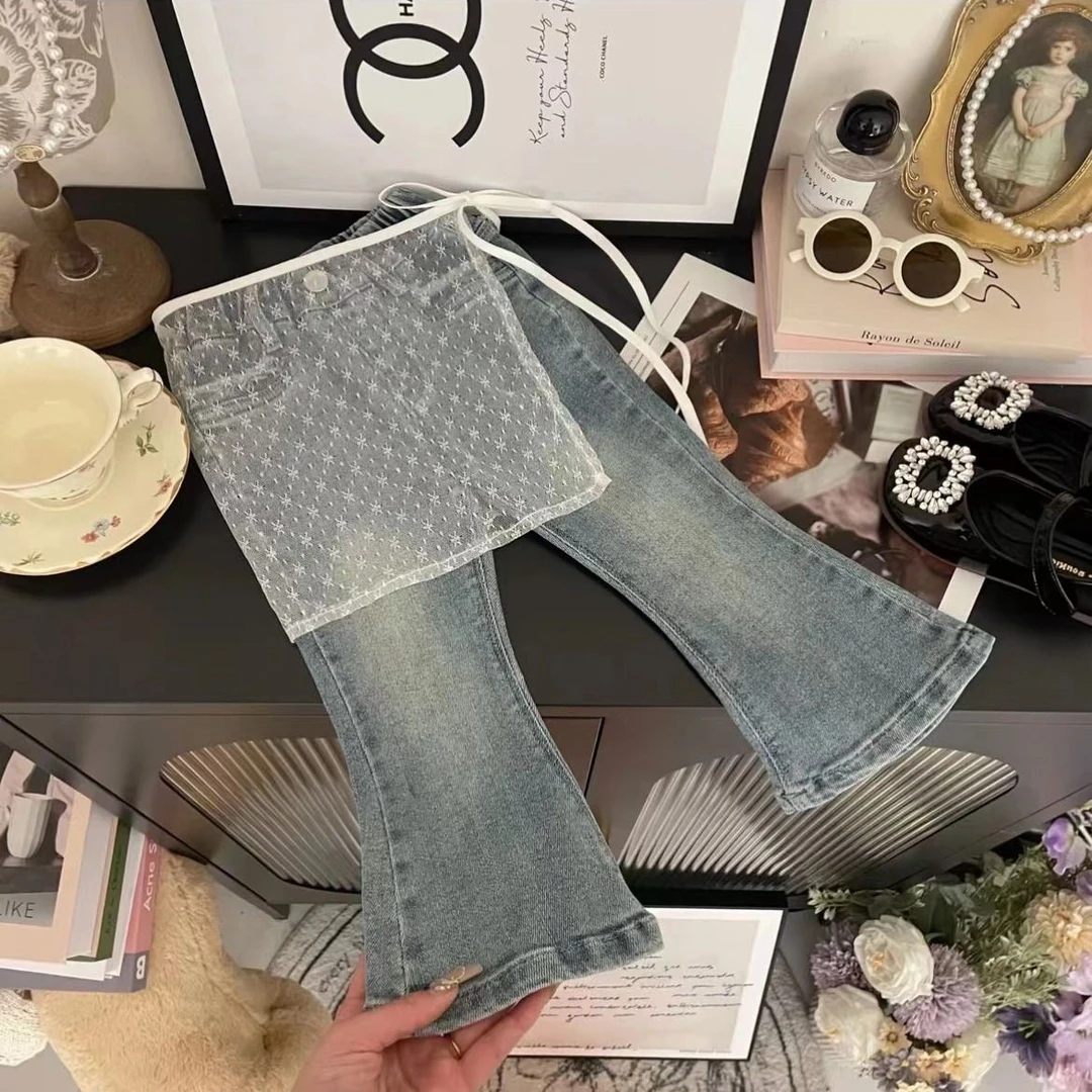 2024新款女童春季牛仔裤儿童韩版时尚洋气弹力屁帘修身牛仔喇叭裤