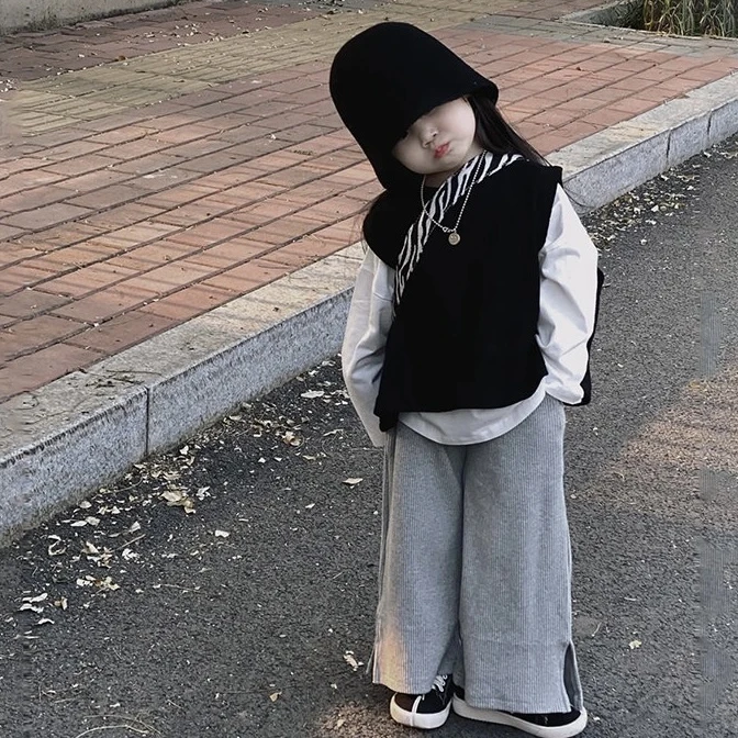 2024春秋韩国童装女童套装休闲阔腿裤针织马甲T恤宝宝儿童三件套