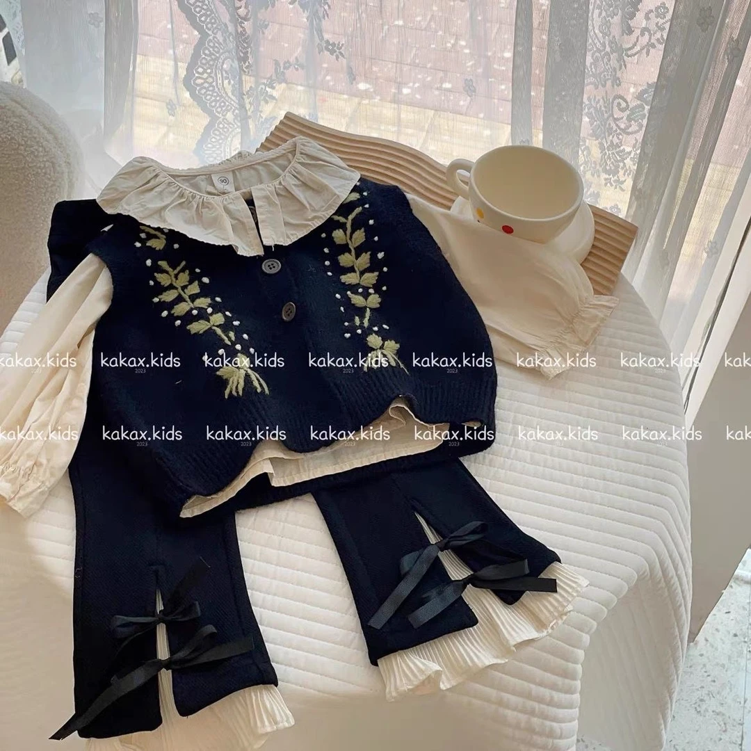 2023女童秋季套装新款洋气时尚儿童网红衬衫针织马甲喇叭裤三件套