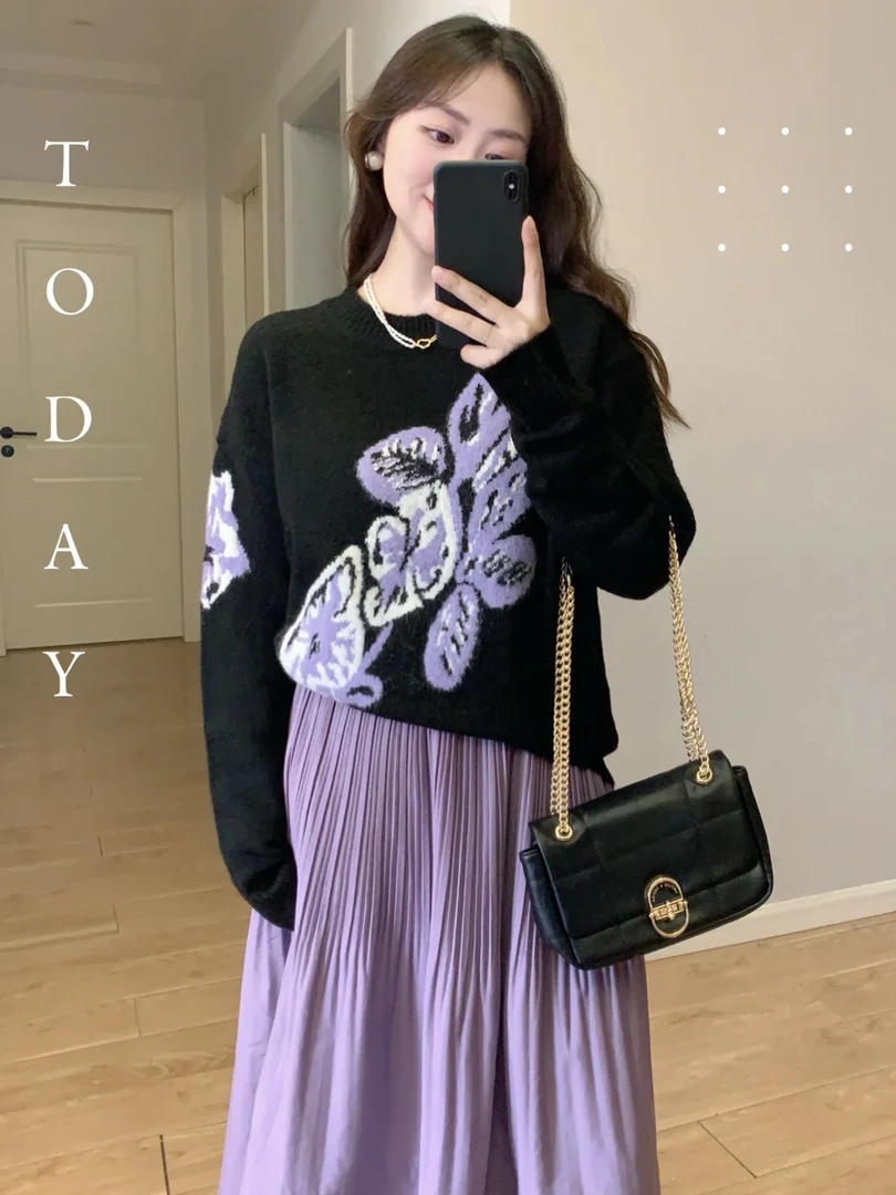 3529+3142秋季一整套穿搭黑色圆领套头软糯毛衣女百褶半身裙套装