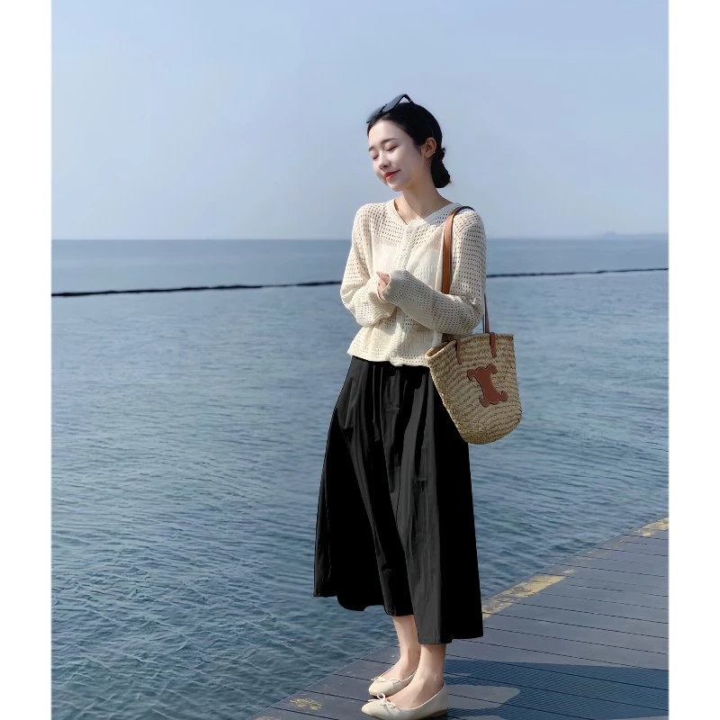 3122+3123秋装茶系一整套复古镂空针织开衫盐系轻熟半身裙子套装