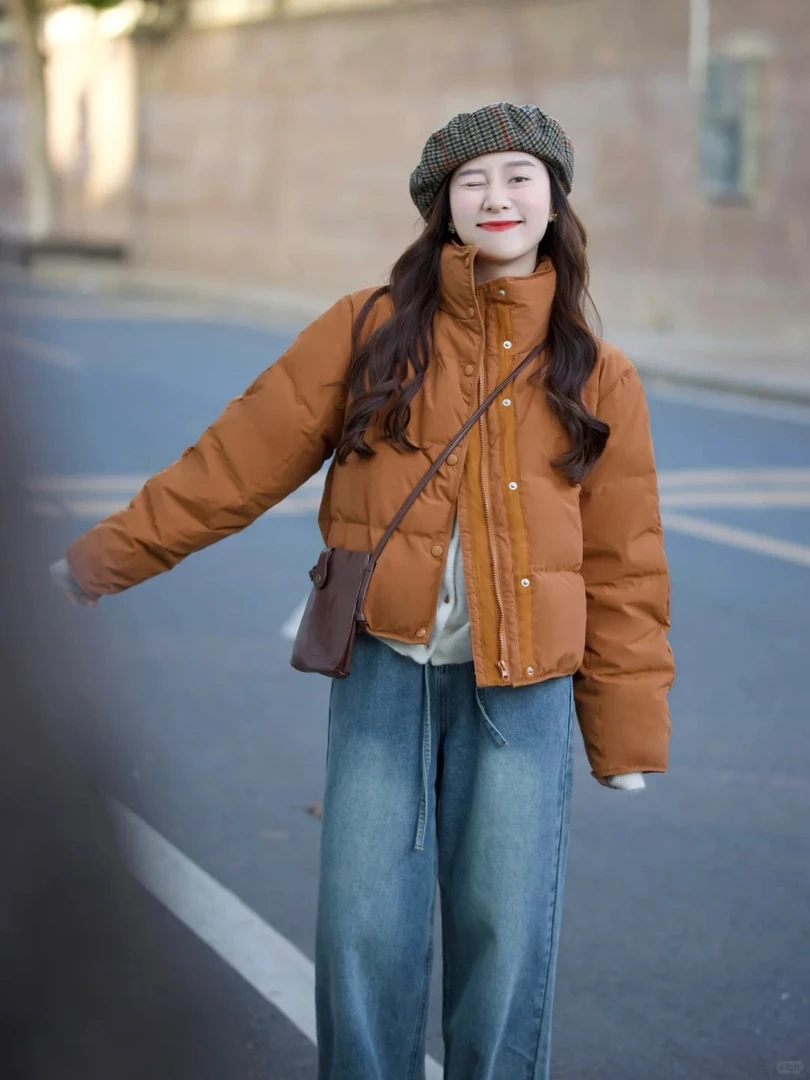 3775+3776秋冬季高级感穿搭南瓜色棉服外套搭配牛仔裤显瘦两件套